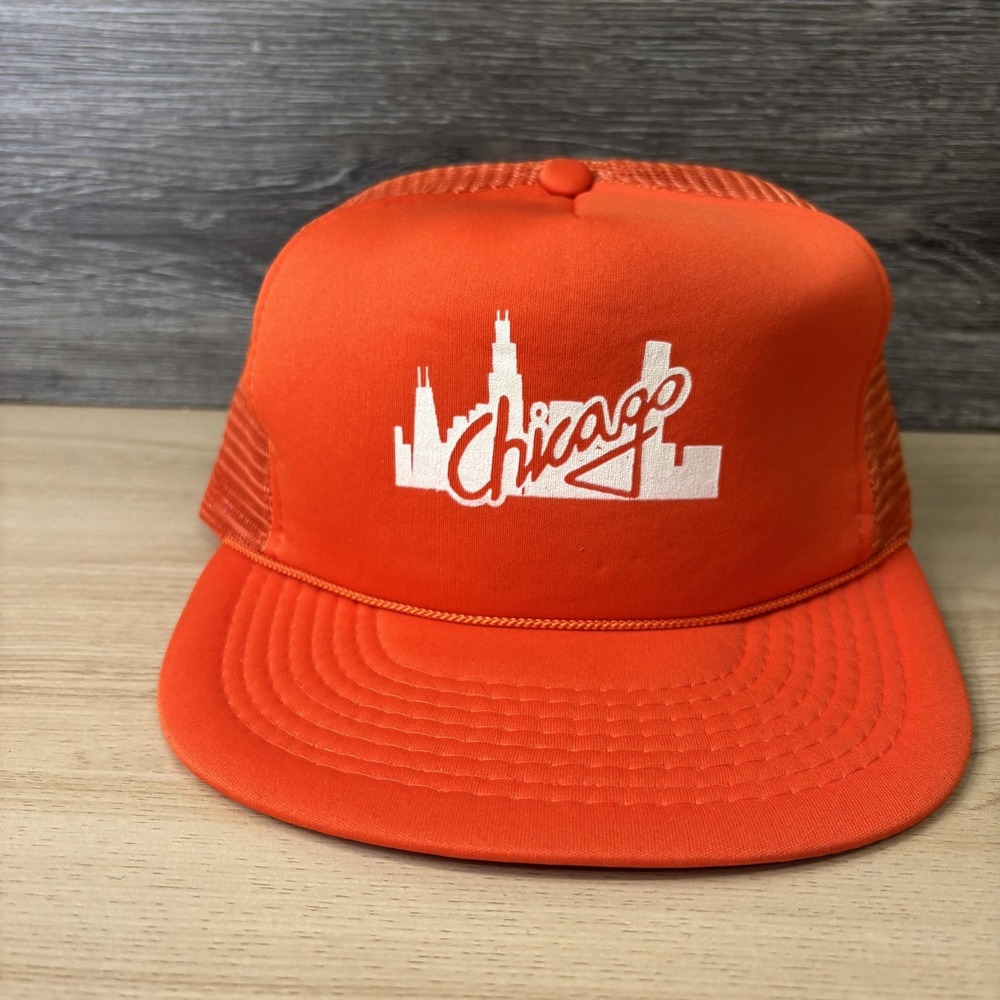 Vintage Chicago Hat Cap Snap Back Orange Mesh Trucker Skyline Graphic Mens